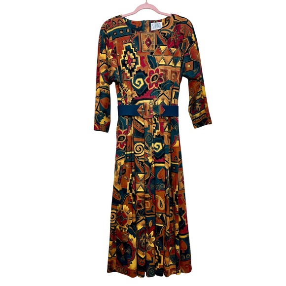 Vintage Dresses & Skirts - Sabino Vintage 80s Midi Dress Abstract Print Belted Long Sleeve Size 6 Bohemian